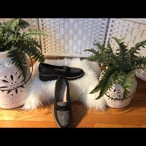 Clarks Raisie Eletta Black Leather Gray Tweed Loafers Size 7.5
